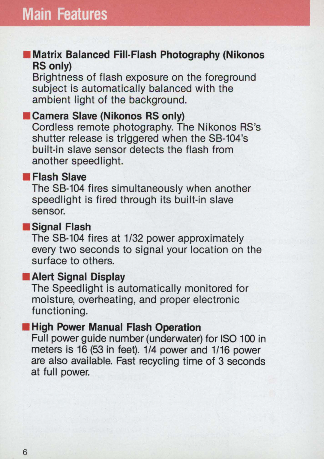 Nikon 58-104 manual Main Features 