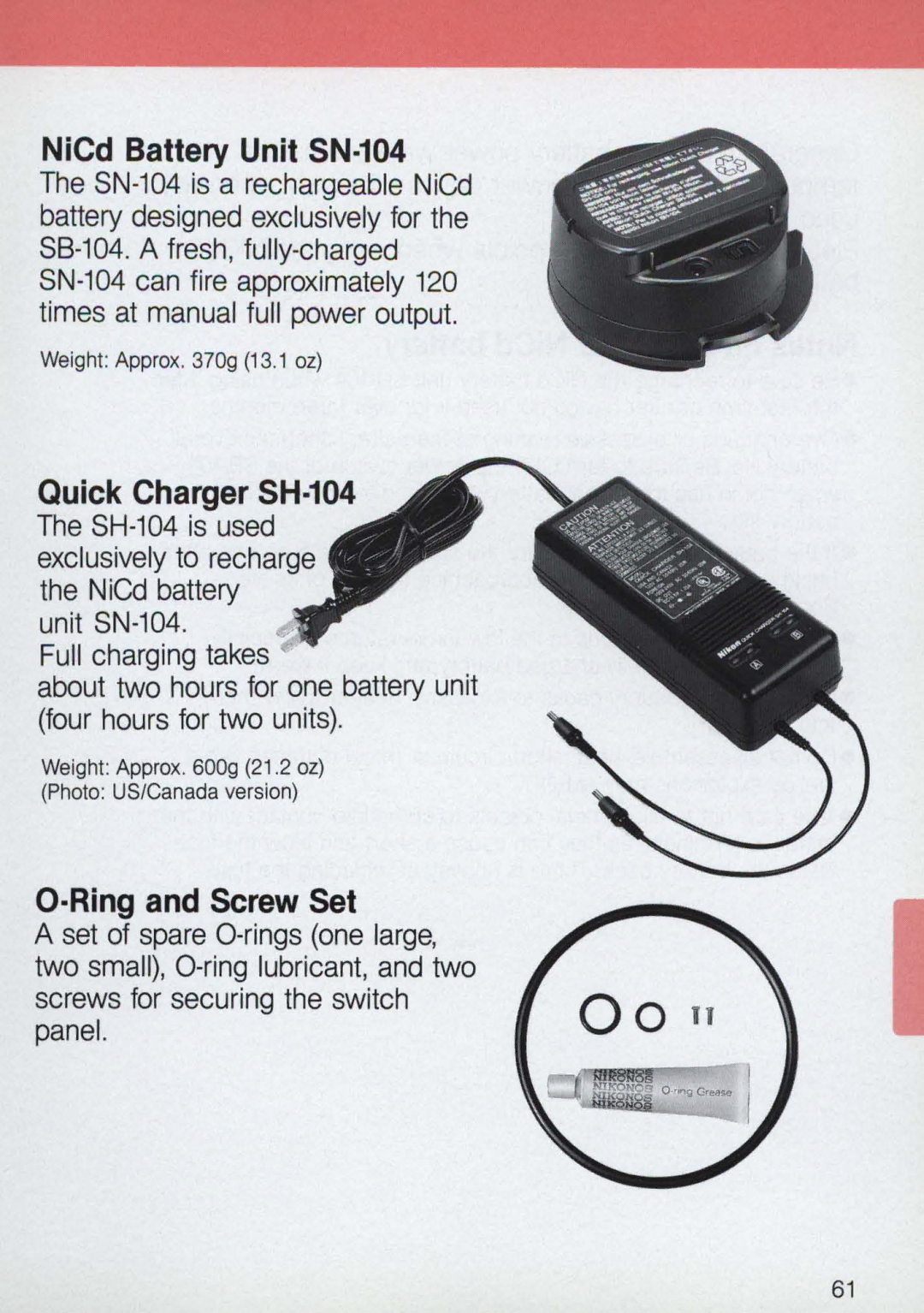 Nikon 58-104 manual NiCd Battery Unit SN·104, Quick Charger SH·104, ·Ring and Screw Set 