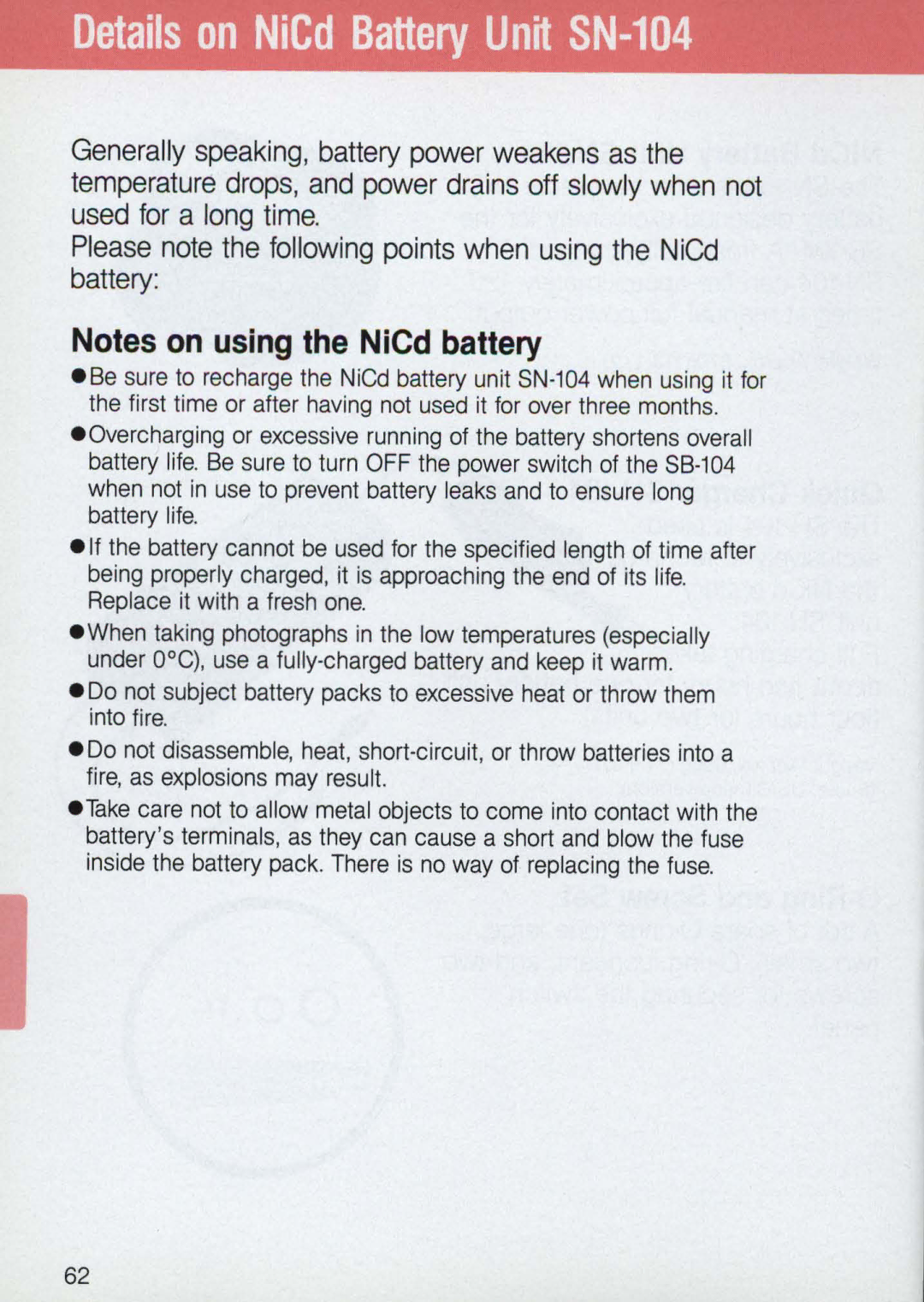 Nikon 58-104 manual Details on NiCd Battery Unit SN-104 