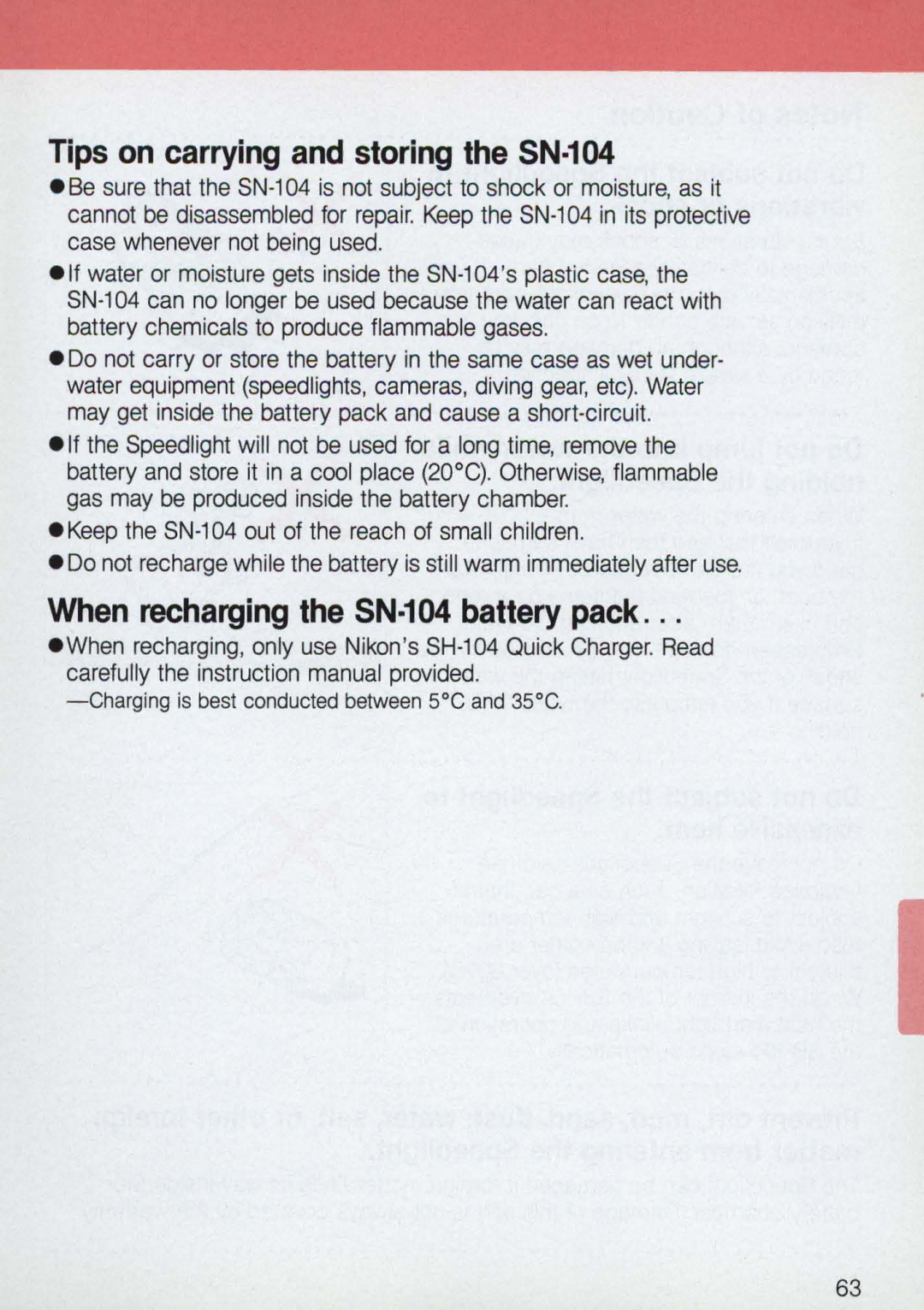 Nikon 58-104 manual Tips on carrying and storing the SN·104, When recharging the SN·104 battery pack 