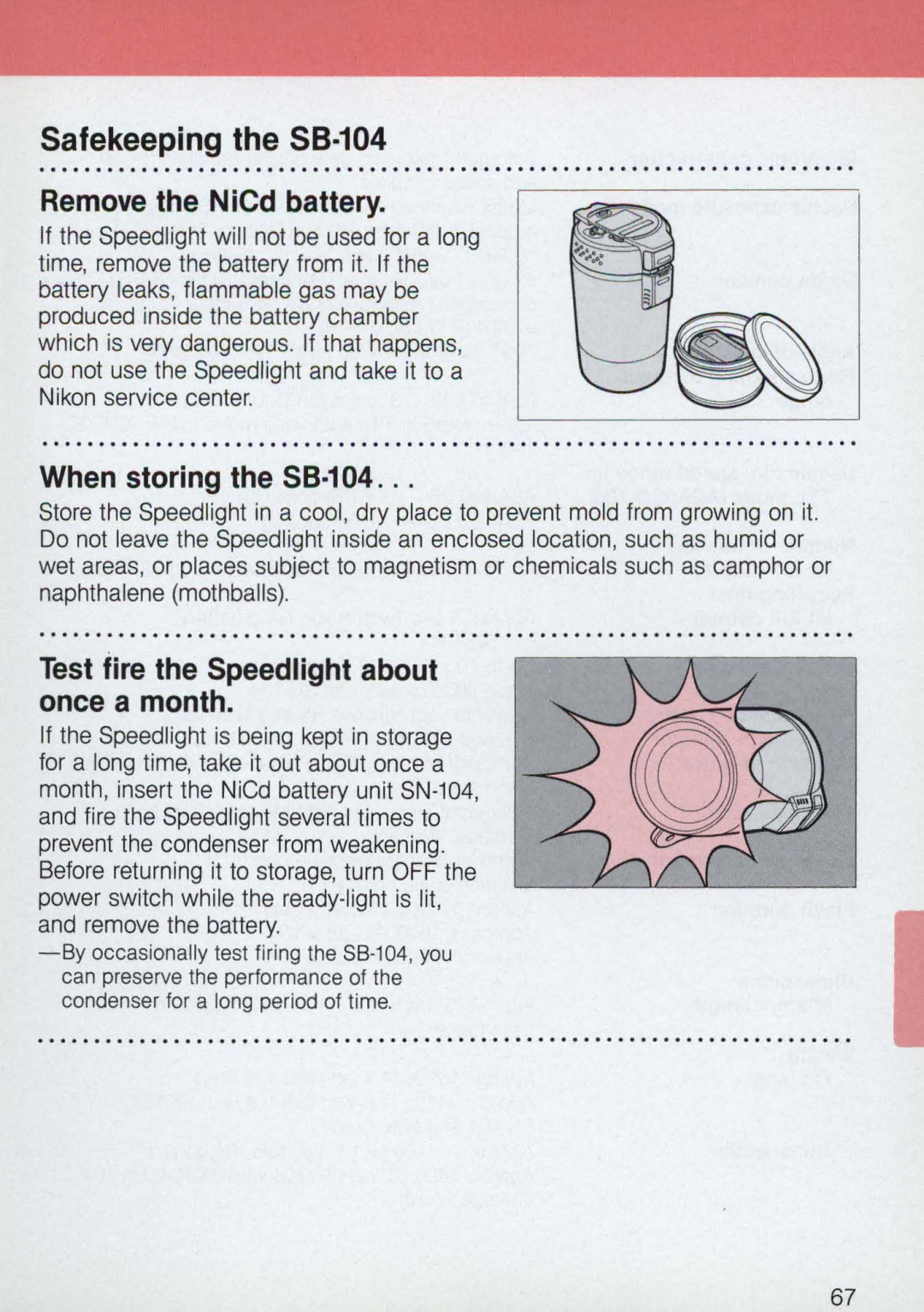 Nikon 58-104 manual Safekeeping the S8·104 Remove the NiCd battery, When storing the 58·104 