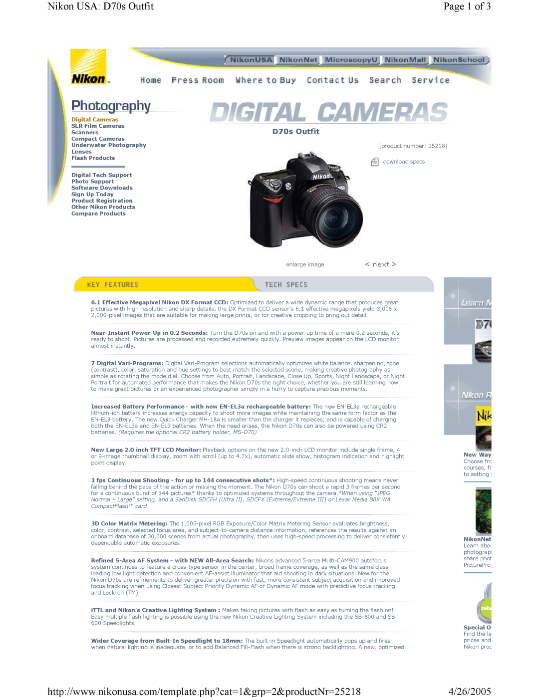 Nikon 6.1 manual Nikon USA D70s Outfit, Digital Cameras, Product number, Enlarge image 