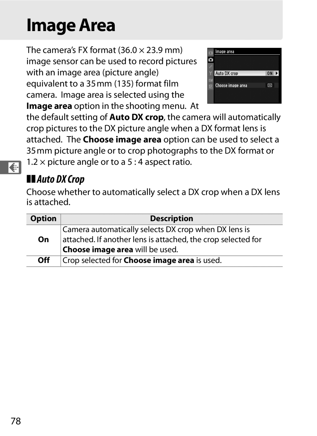 Nikon 6MB07411-03 user manual Image Area, Auto DX Crop, 2 × picture angle or to a 5 4 aspect ratio 