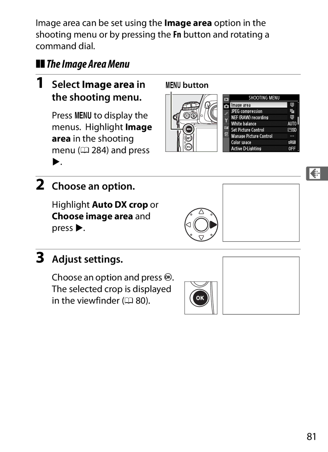 Nikon 6MB07411-03 user manual Image Area Menu, Select Image area, Adjust settings 