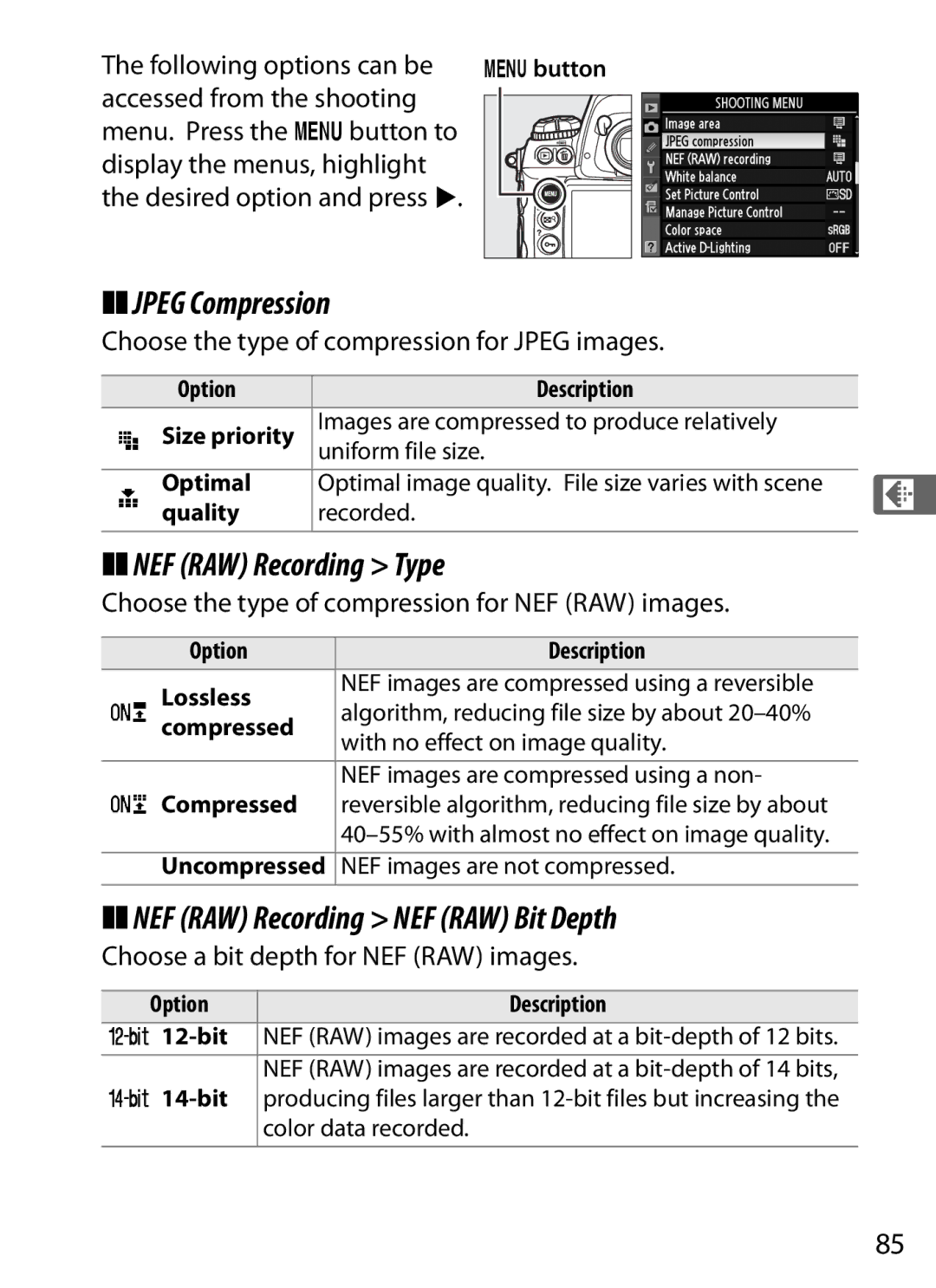 Nikon 6MB07411-03 user manual Jpeg Compression, NEF RAW Recording Type, NEF RAW Recording NEF RAW Bit Depth 