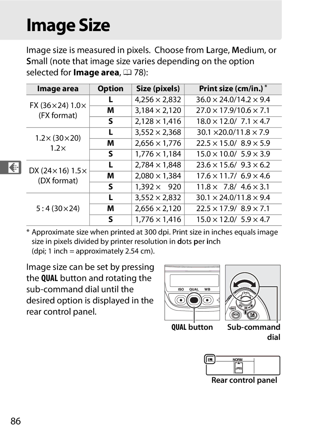 Nikon 6MB07411-03 user manual Image Size, Image area Option Size pixels Print size cm/in 