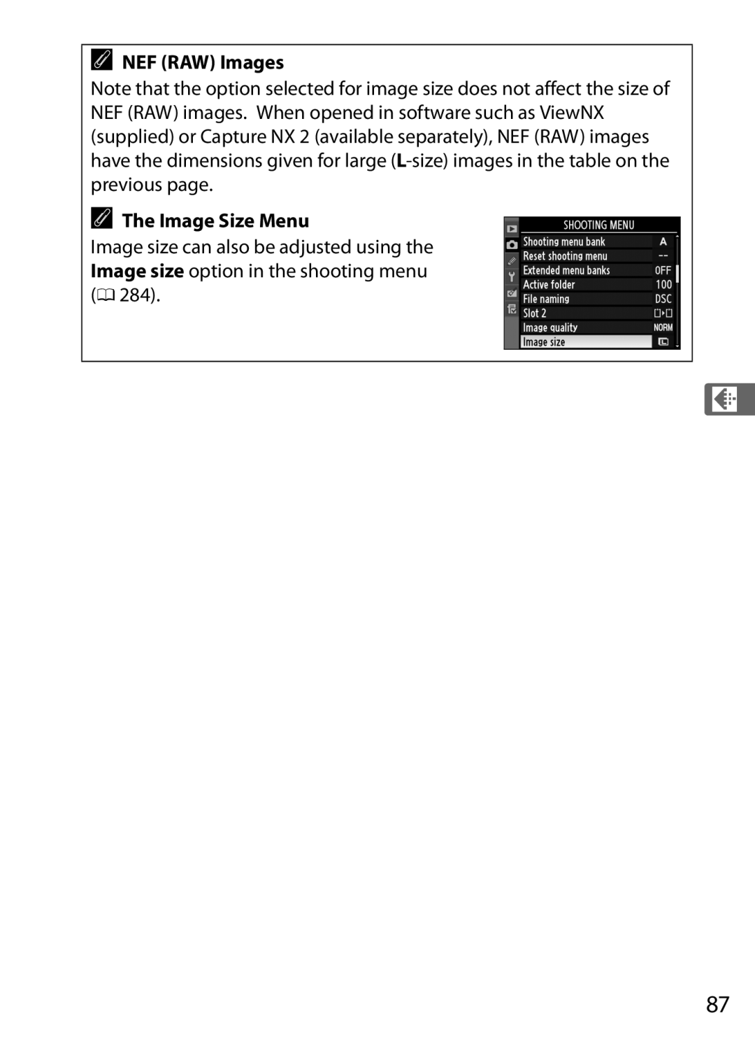 Nikon 6MB07411-03 user manual NEF RAW Images Image Size Menu 