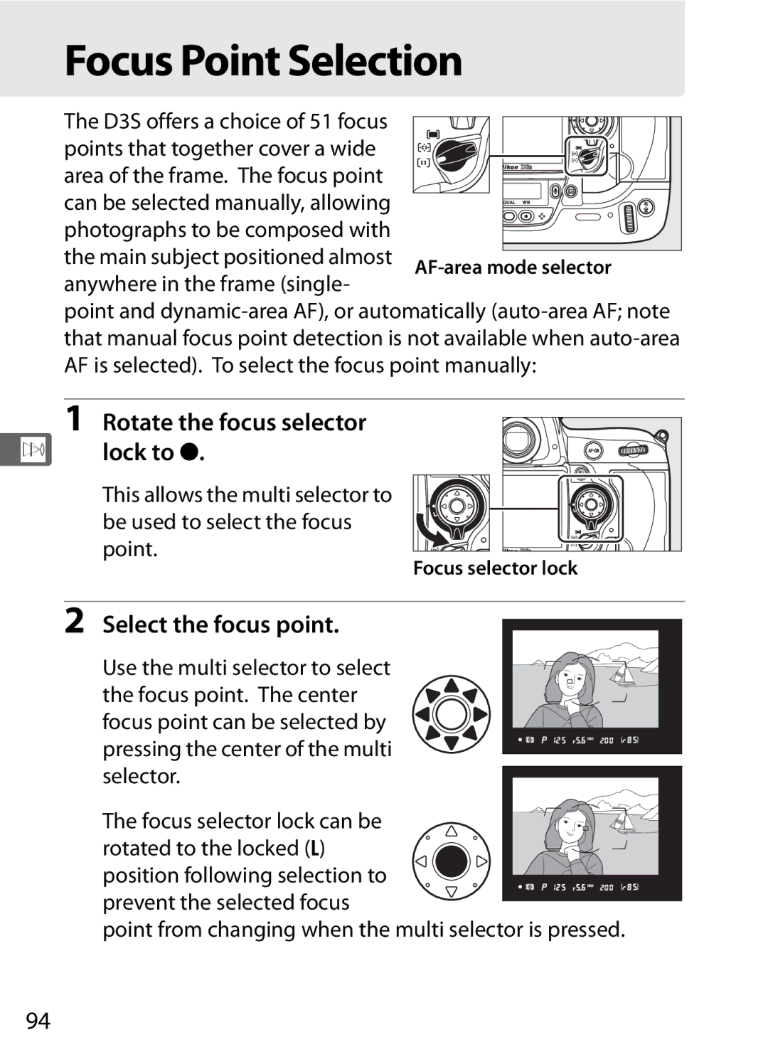 Nikon 6MB07411-03 Focus Point Selection, Rotate the focus selector N lock to, Select the focus point, Focus selector lock 