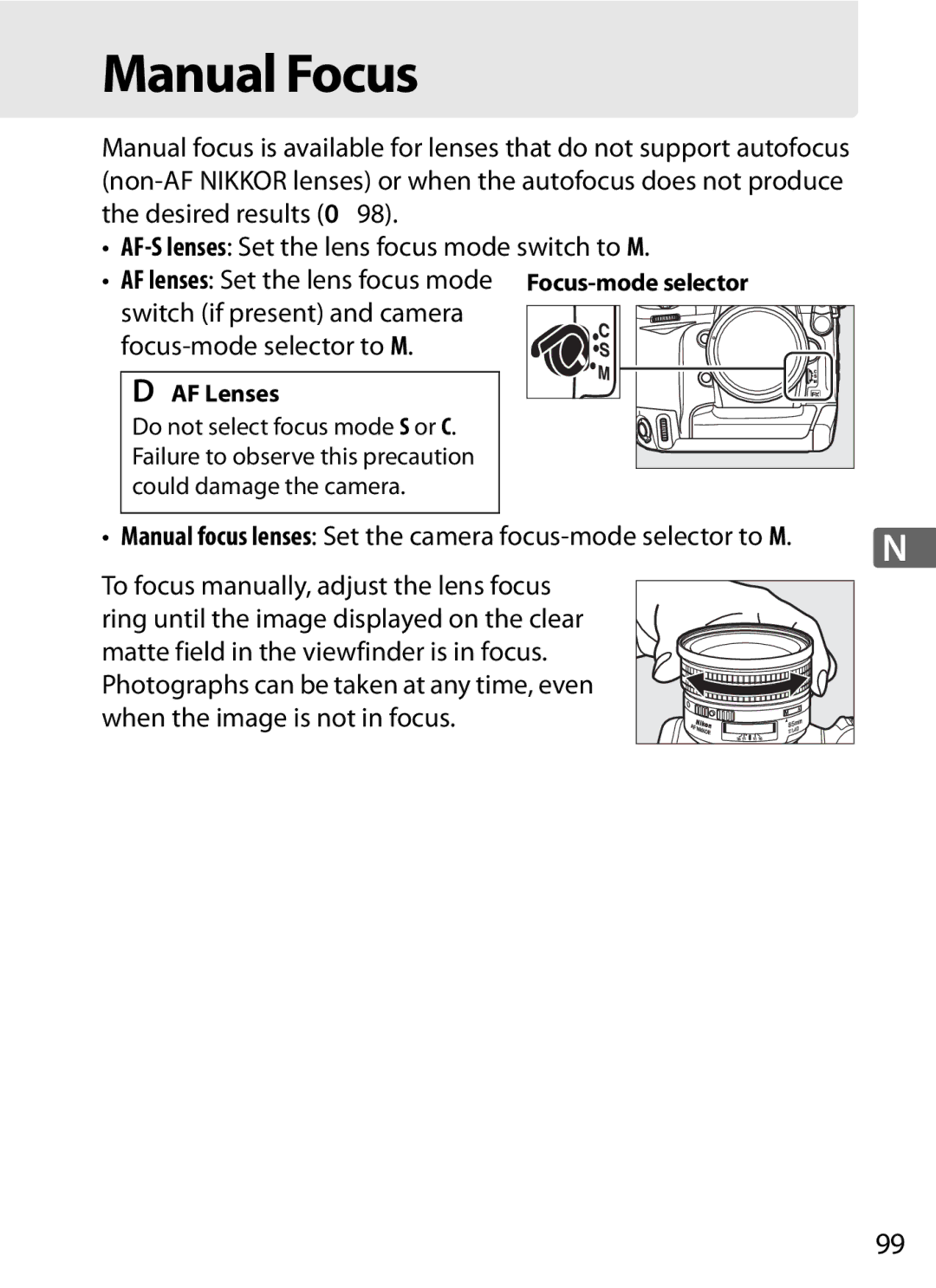 Nikon 6MB07411-03 user manual Manual Focus, To focus manually, adjust the lens focus, AF Lenses 