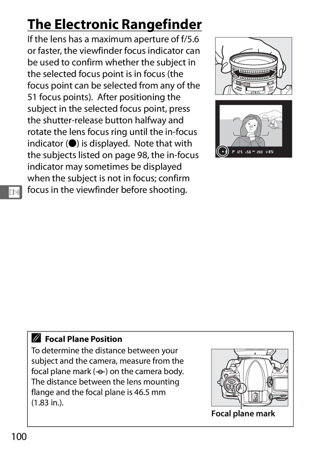 Nikon 6MB07411-03 user manual Electronic Rangefinder, 100, Focus in the viewfinder before shooting, Focal Plane Position 