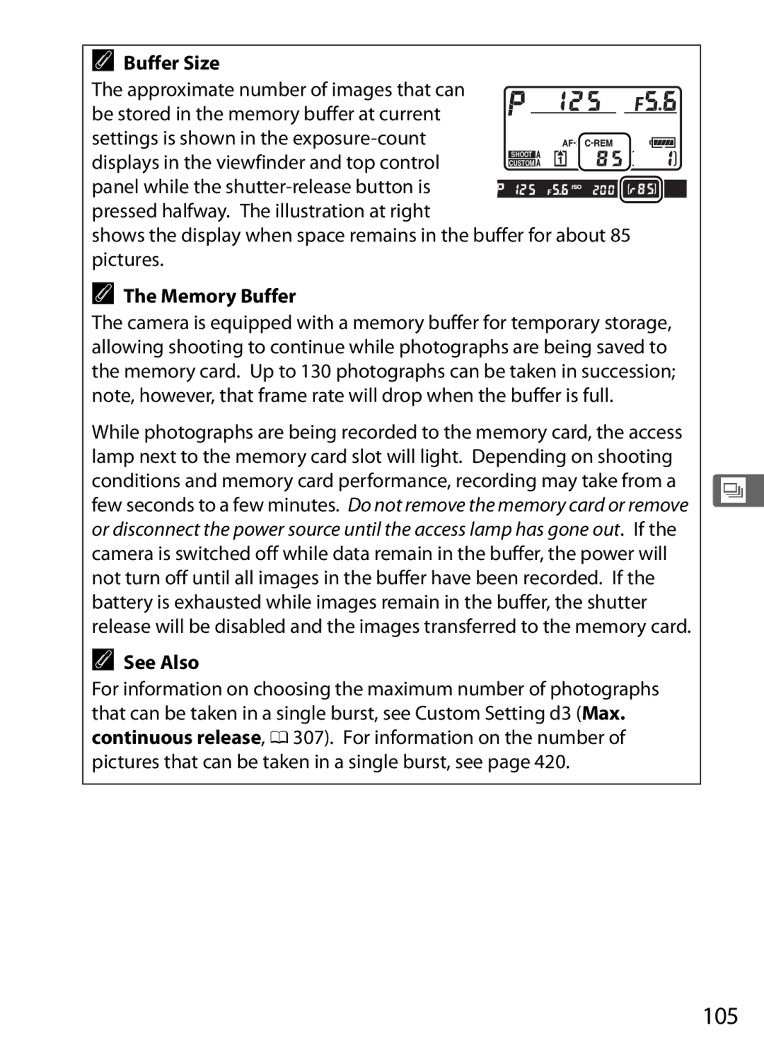 Nikon 6MB07411-03 user manual 105, Buffer Size, Memory Buffer 