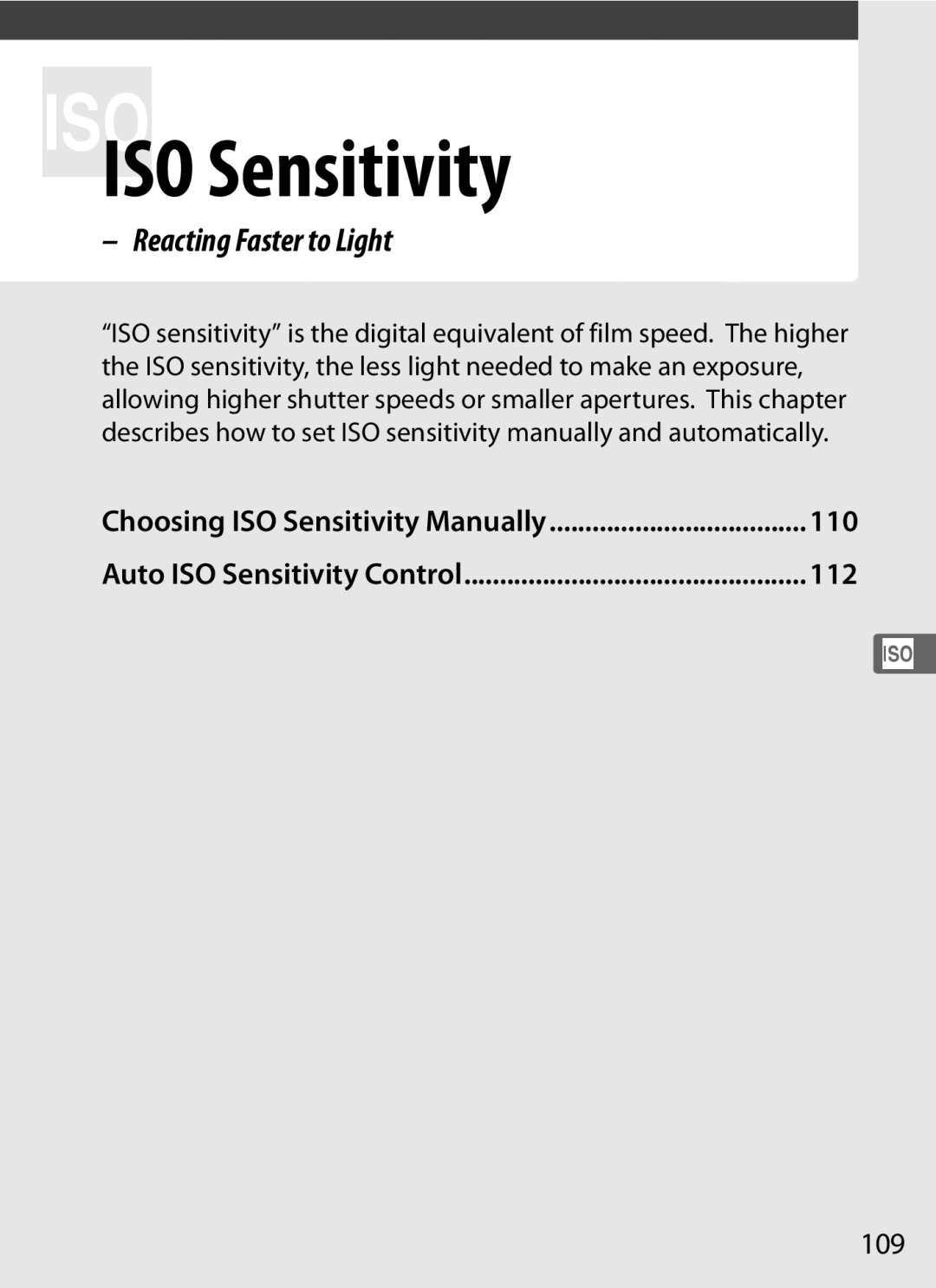 Nikon 6MB07411-03 user manual Reacting Faster to Light, 110, 112, 109 