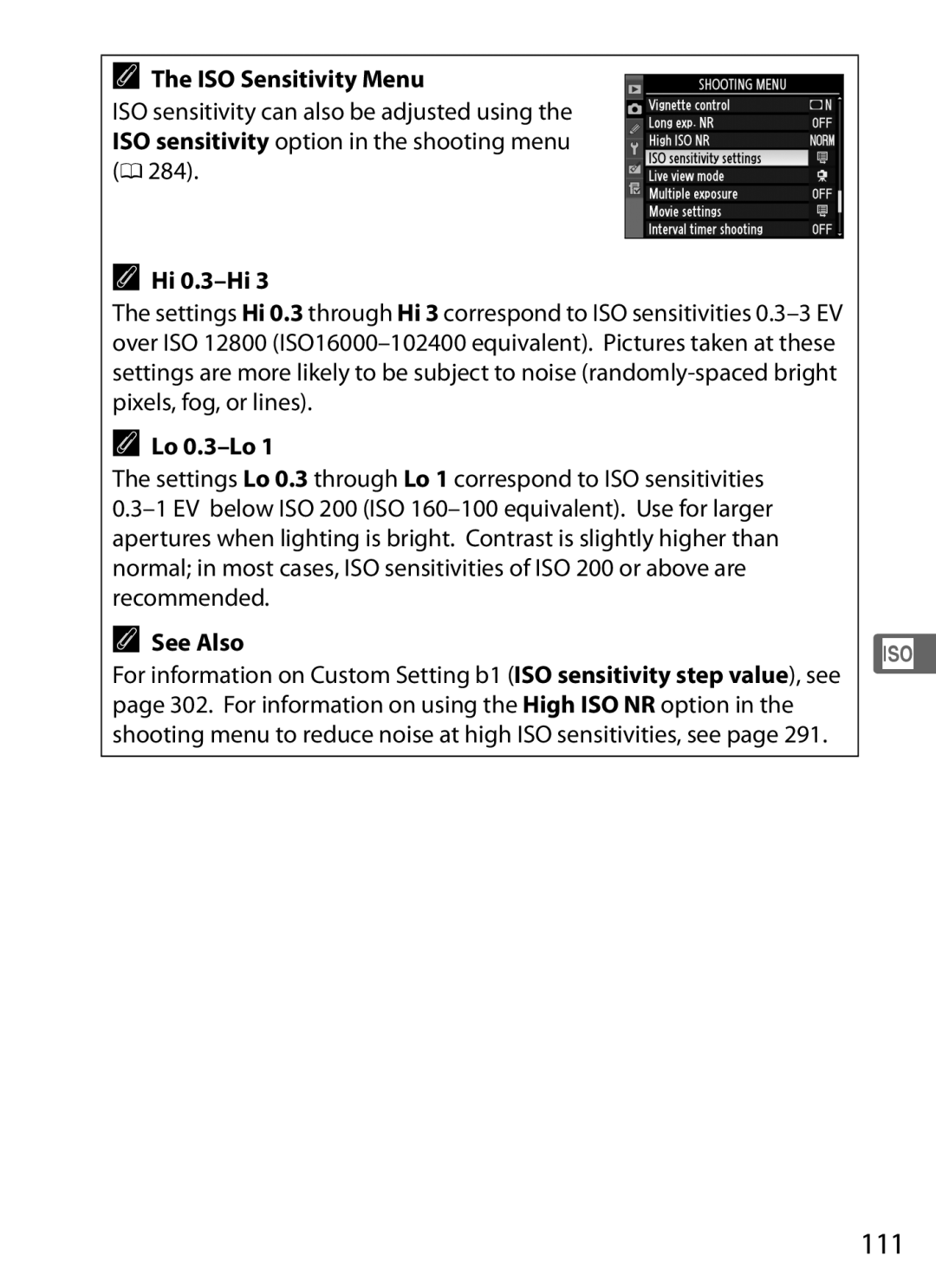 Nikon 6MB07411-03 user manual 111, ISO Sensitivity Menu, Hi 0.3-Hi, Lo 0.3-Lo 