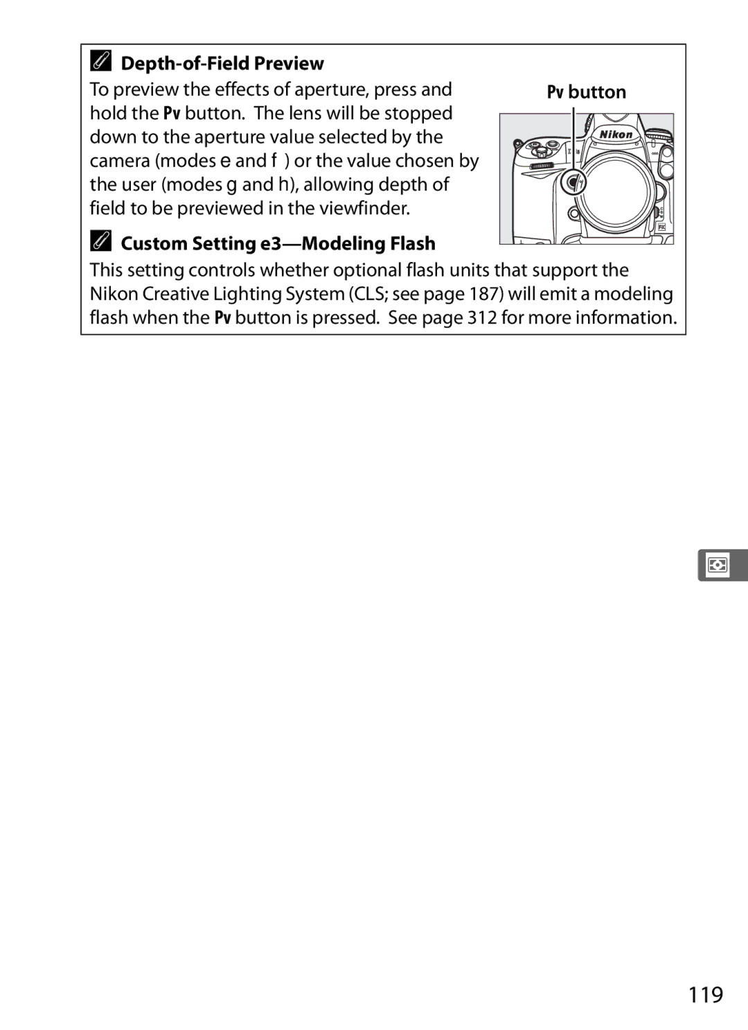 Nikon 6MB07411-03 119, Depth-of-Field Preview, To preview the effects of aperture, press, Custom Setting e3-Modeling Flash 