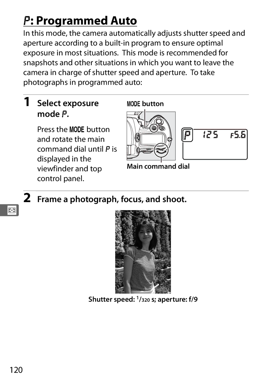 Nikon 6MB07411-03 user manual Programmed Auto, 120, Select exposure mode e, Button Main command dial 