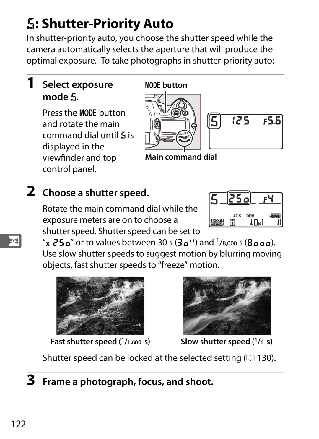 Nikon 6MB07411-03 user manual Shutter-Priority Auto, Choose a shutter speed, 122, Select exposure mode f 