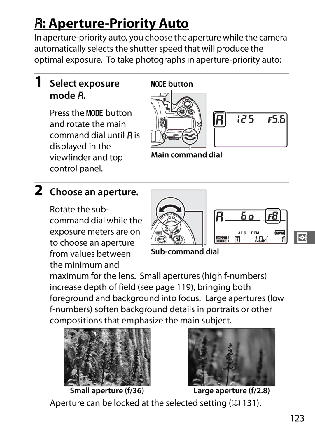 Nikon 6MB07411-03 user manual Aperture-Priority Auto, Select exposure, Mode g, Choose an aperture, 123 