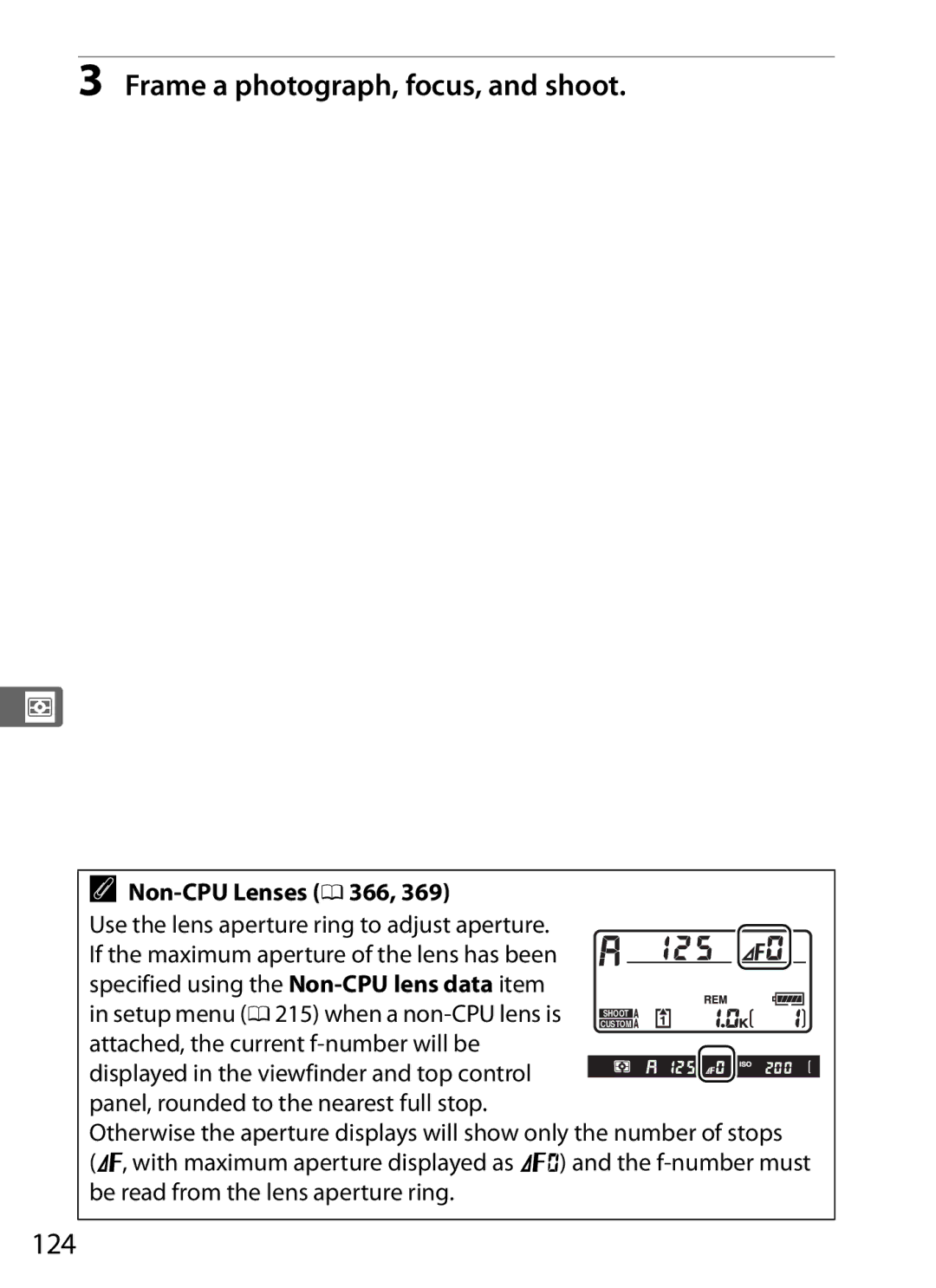 Nikon 6MB07411-03 user manual 124, Non-CPU Lenses 0 366, Use the lens aperture ring to adjust aperture 