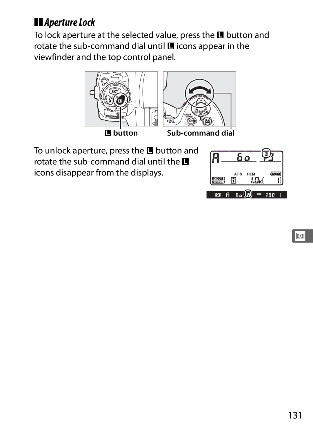 Nikon 6MB07411-03 user manual Aperture Lock, 131, Fbutton 