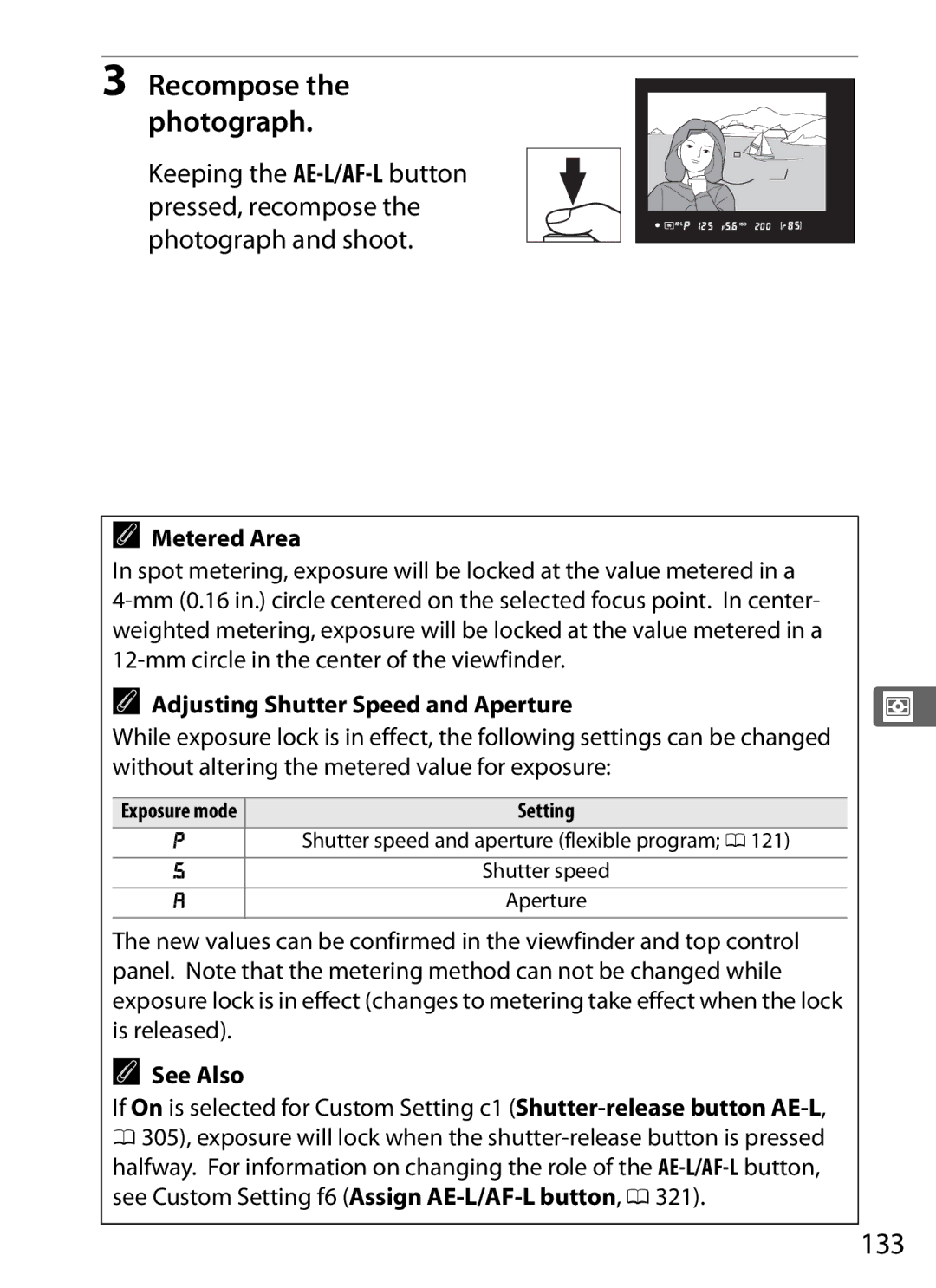 Nikon 6MB07411-03 user manual 133, Recompose the photograph, Metered Area, Adjusting Shutter Speed and Aperture 