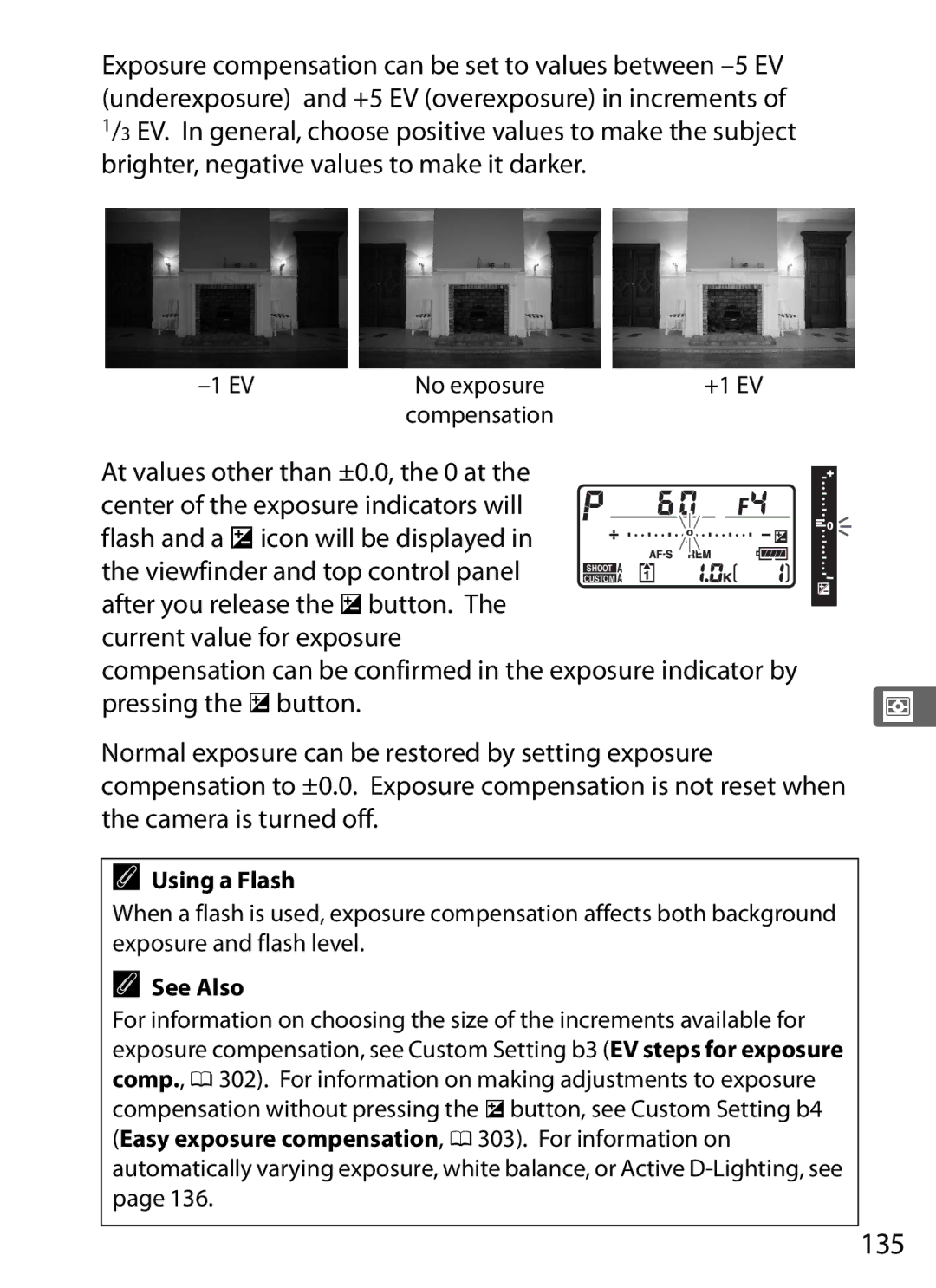 Nikon 6MB07411-03 user manual 135, Viewfinder and top control panel, Using a Flash 