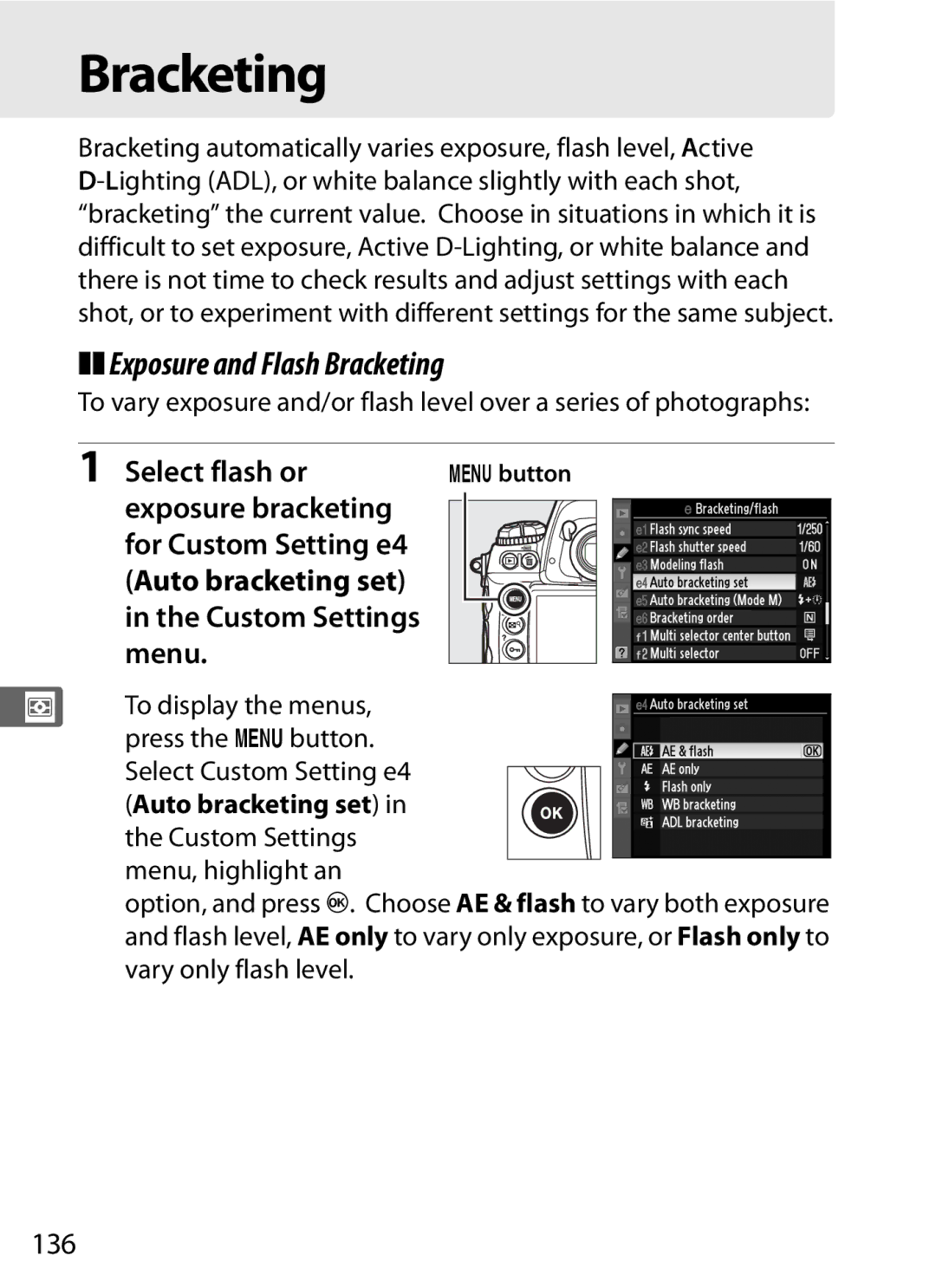 Nikon 6MB07411-03 user manual Exposure and Flash Bracketing, Select flash or, Menu, 136 