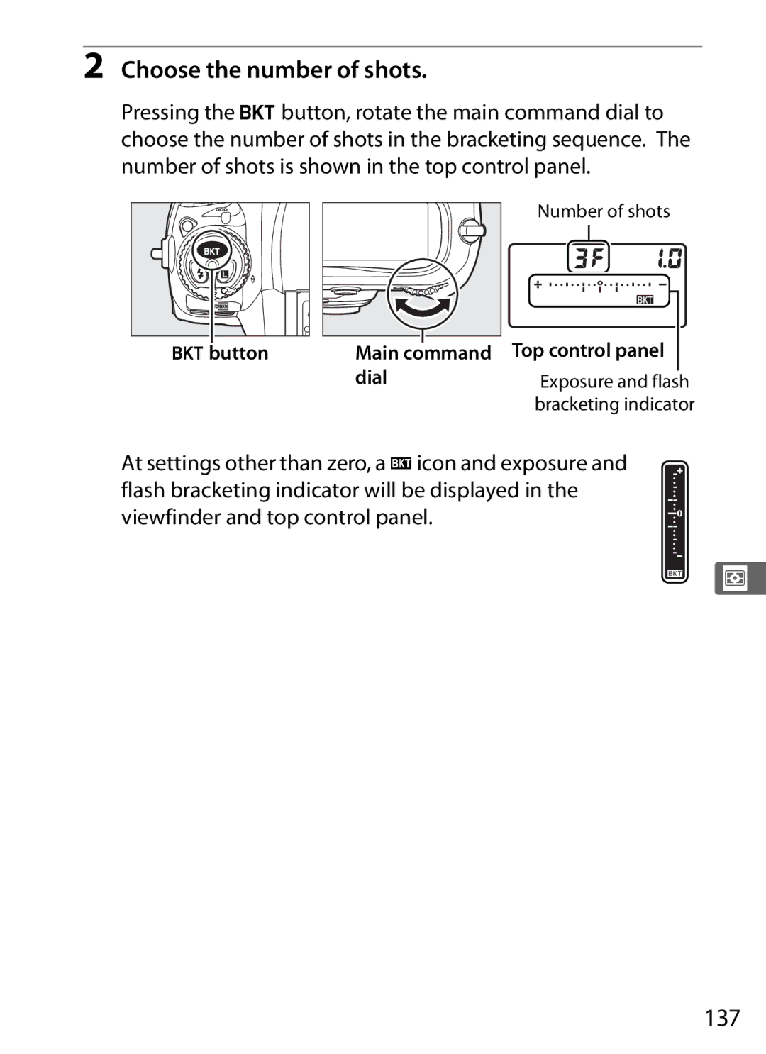 Nikon 6MB07411-03 Choose the number of shots, 137, Dbutton Main command Top control panel Dial, Bracketing indicator 