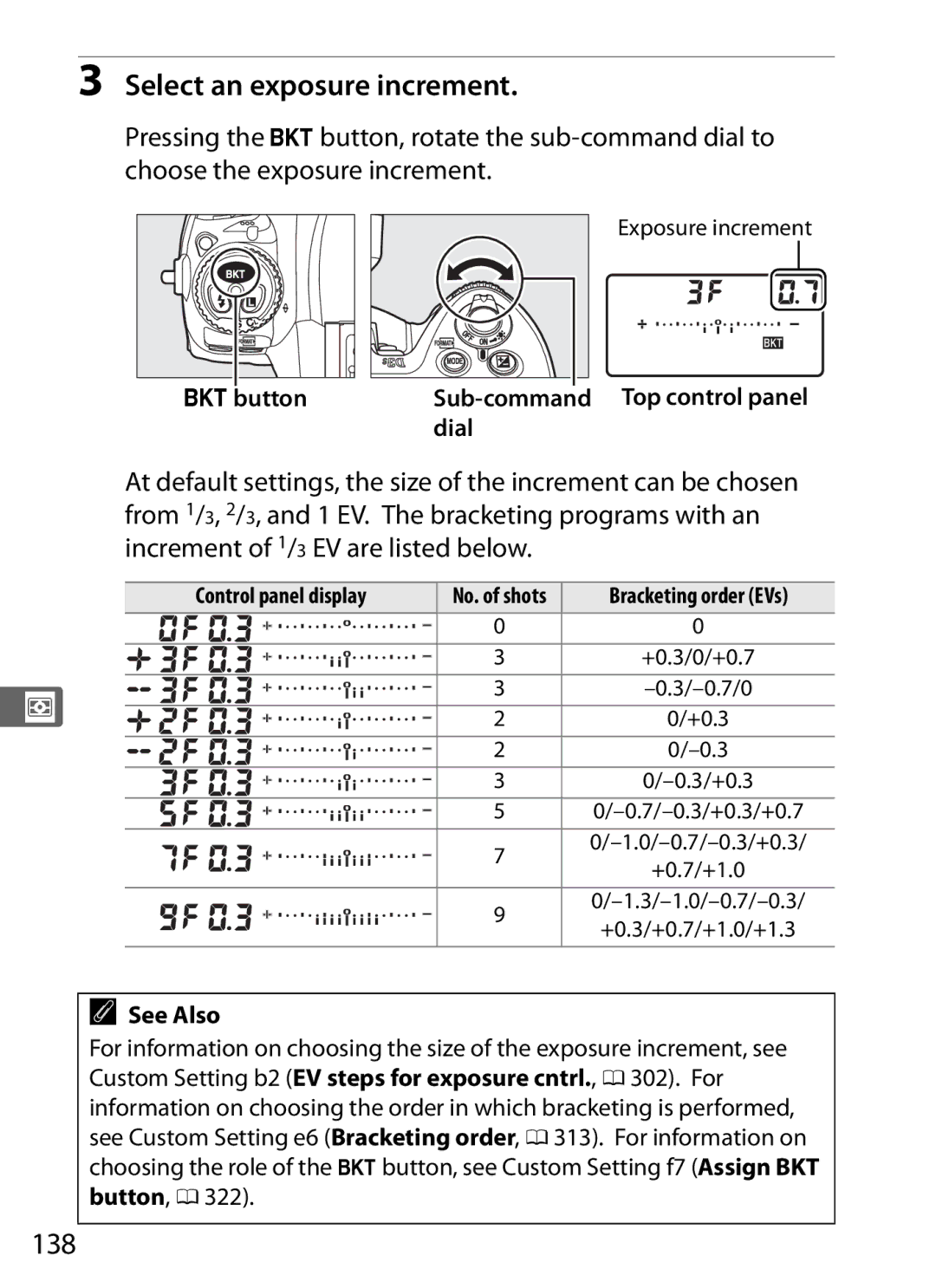 Nikon 6MB07411-03 user manual Select an exposure increment, 138, Dbutton, Sub-command Top control panel 