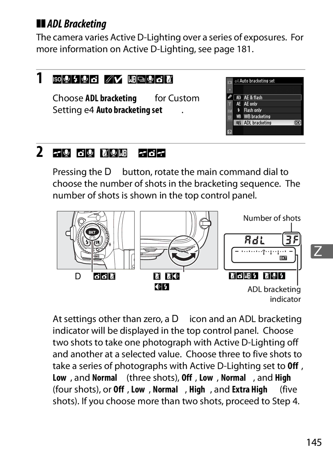 Nikon 6MB07411-03 user manual ADL Bracketing, Select ADL bracketing, 145, Main command Top control panel 