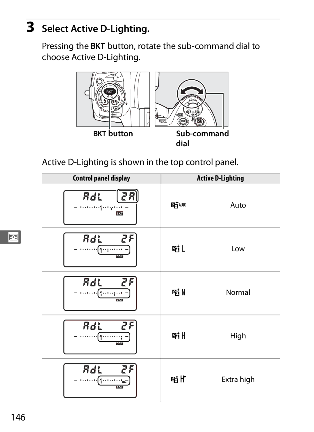 Nikon 6MB07411-03 user manual Select Active D-Lighting, 146, Active D-Lighting is shown in the top control panel 