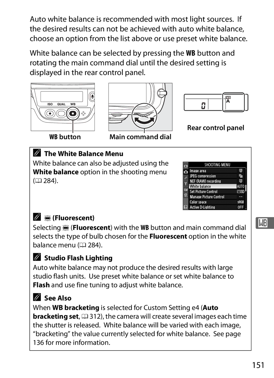 Nikon 6MB07411-03 user manual 151, Rear control panel WB button, White Balance Menu, IFluorescent, Studio Flash Lighting 