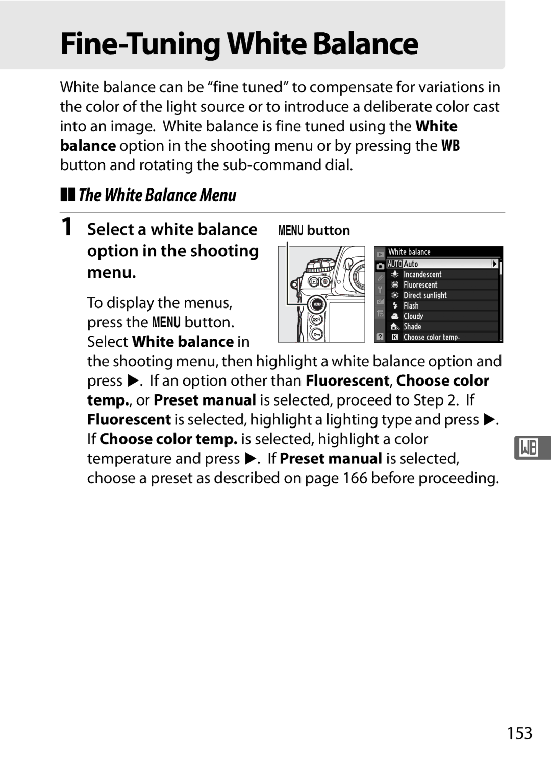 Nikon 6MB07411-03 user manual White Balance Menu, Select a white balance Gbutton Option in the shooting Menu, 153 