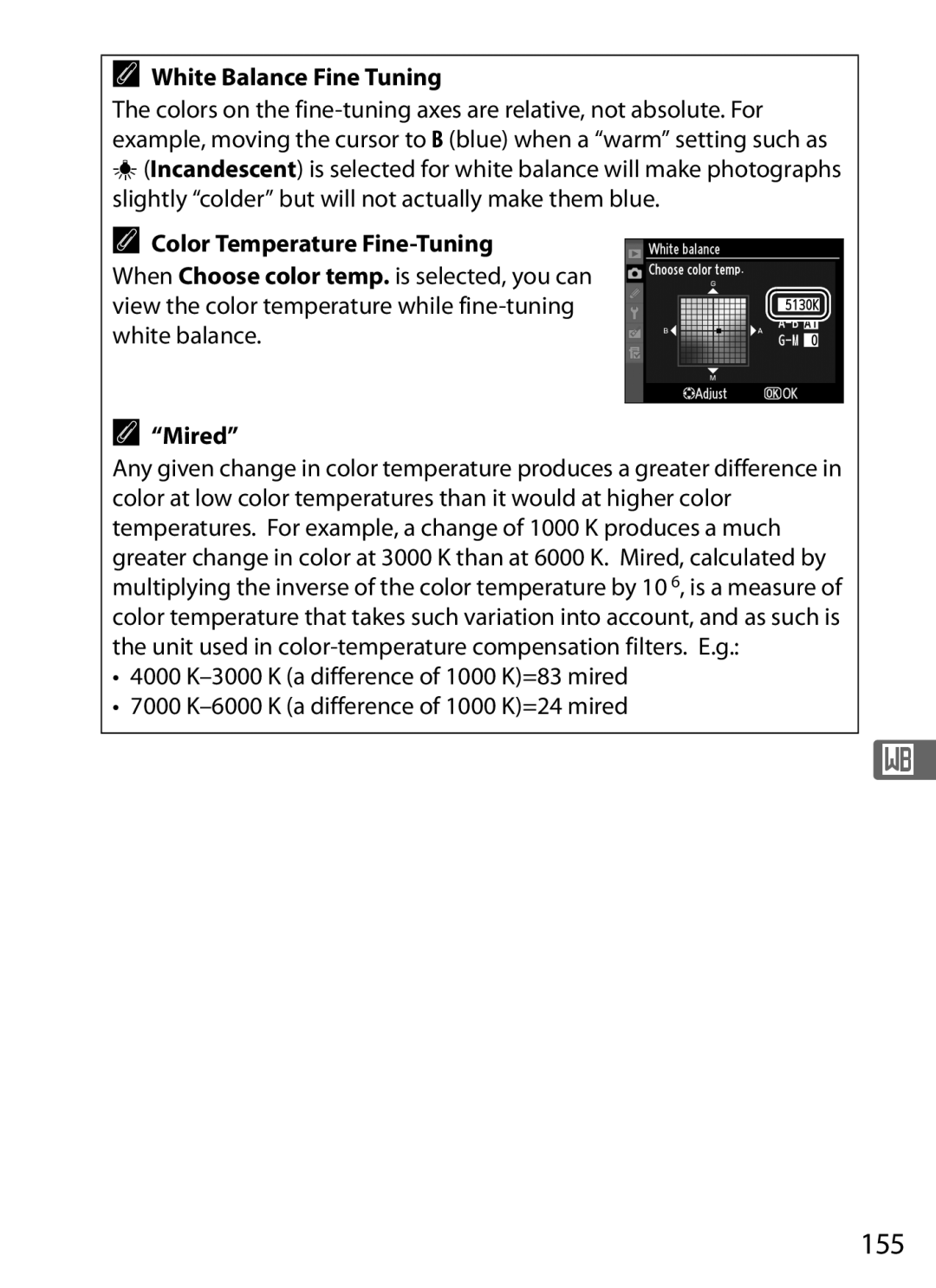 Nikon 6MB07411-03 user manual 155, White Balance Fine Tuning, Color Temperature Fine-Tuning, Mired 