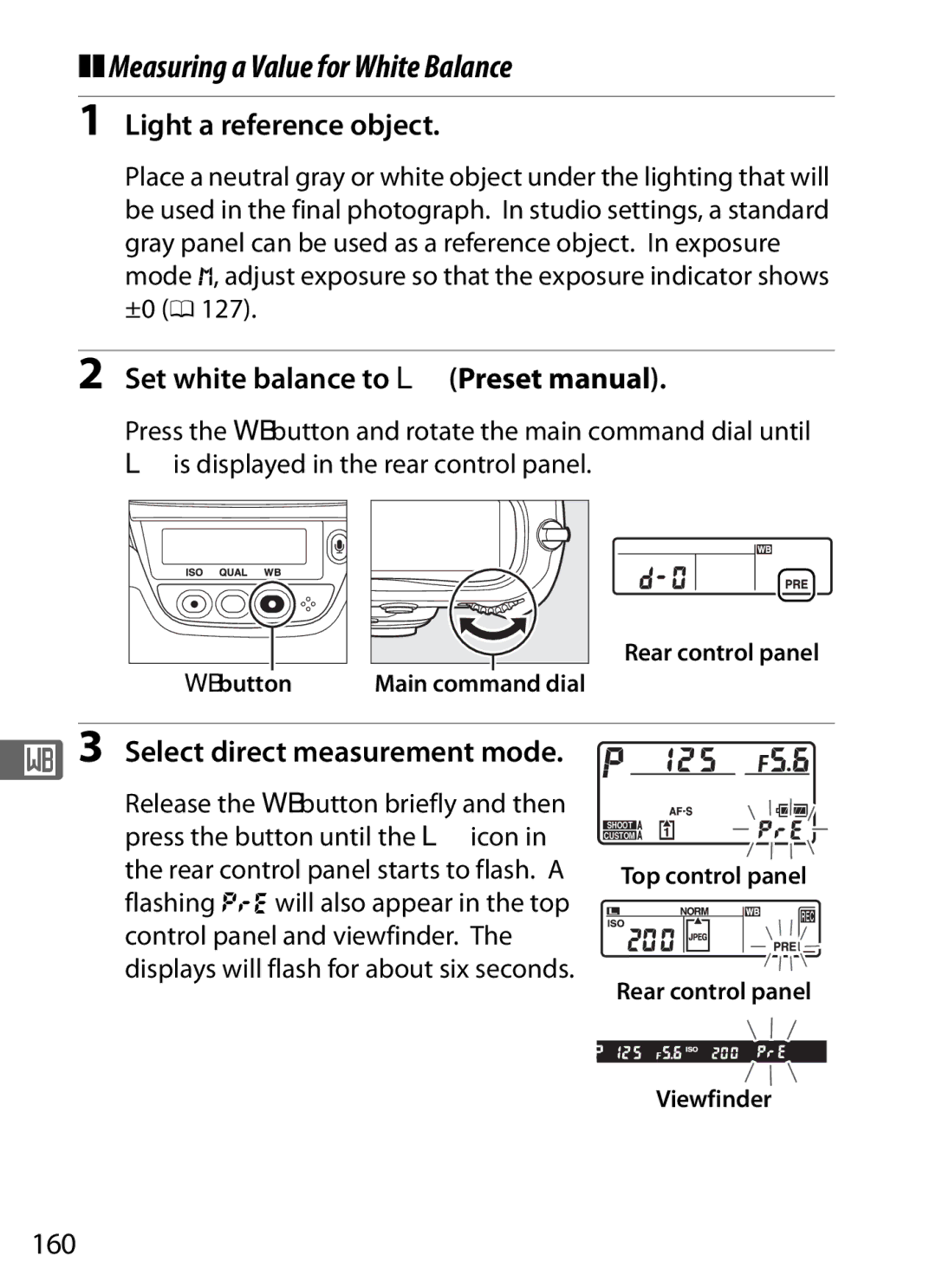 Nikon 6MB07411-03 Measuring a Value for White Balance, Light a reference object, Set white balance to L Preset manual, 160 