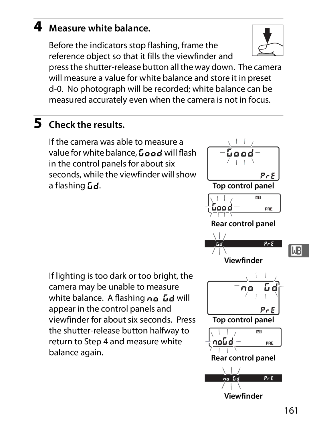 Nikon 6MB07411-03 user manual Measure white balance, Check the results, 161, Flashing a 