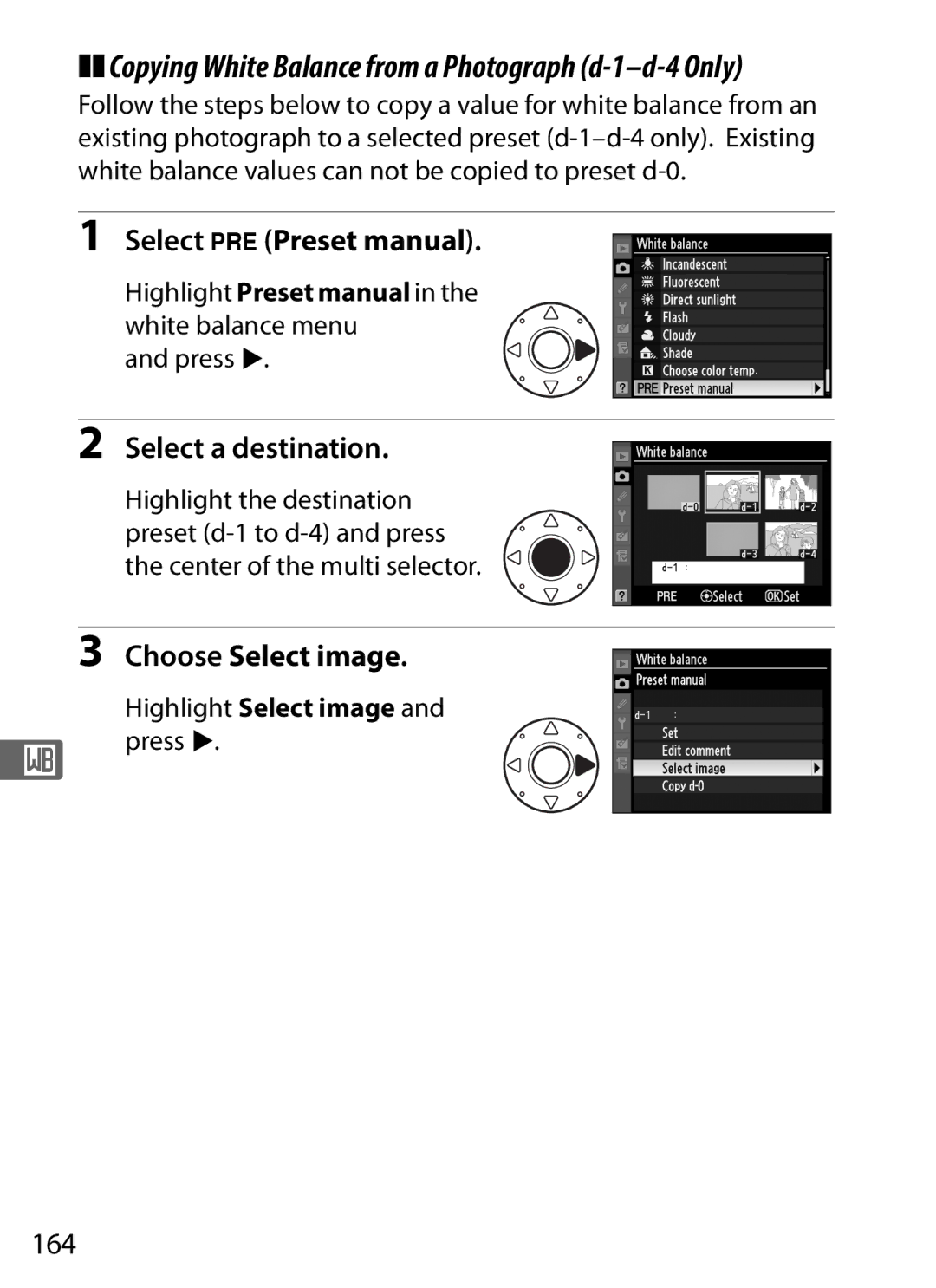 Nikon 6MB07411-03 Select L Preset manual, Choose Select image, 164, Highlight Preset manual in the white balance menu 