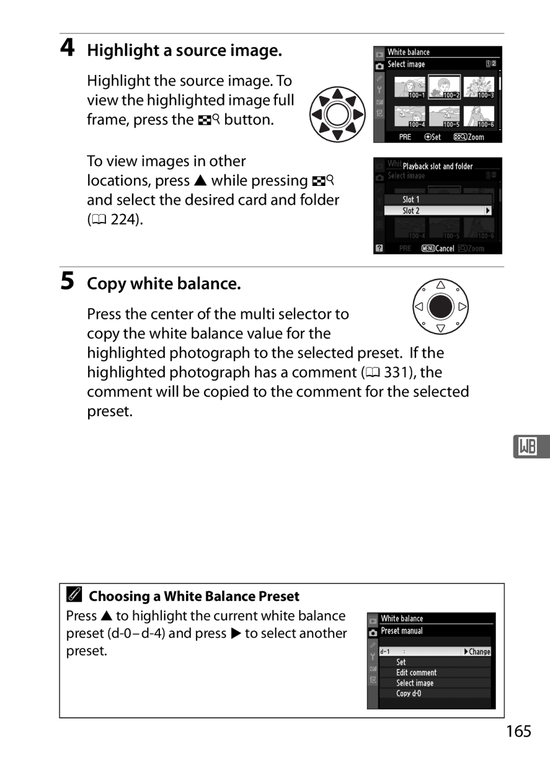 Nikon 6MB07411-03 user manual Highlight a source image, Copy white balance, 165, Choosing a White Balance Preset 