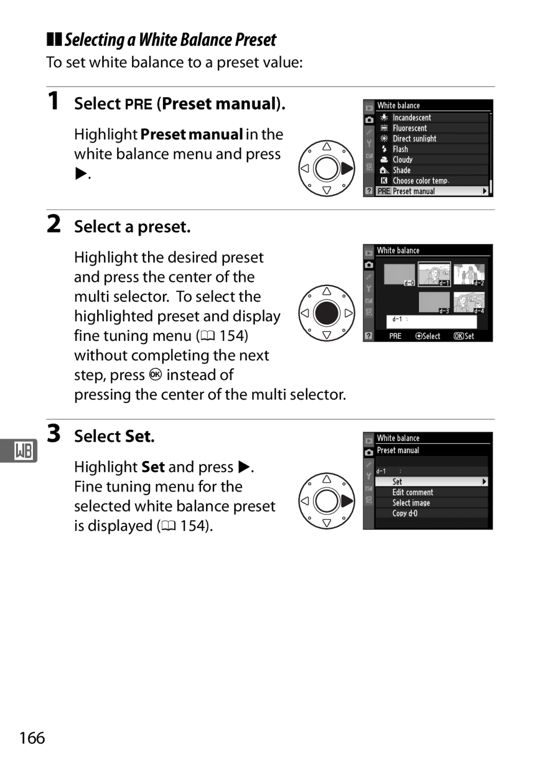 Nikon 6MB07411-03 user manual Selecting a White Balance Preset, Select a preset, Select Set, 166 