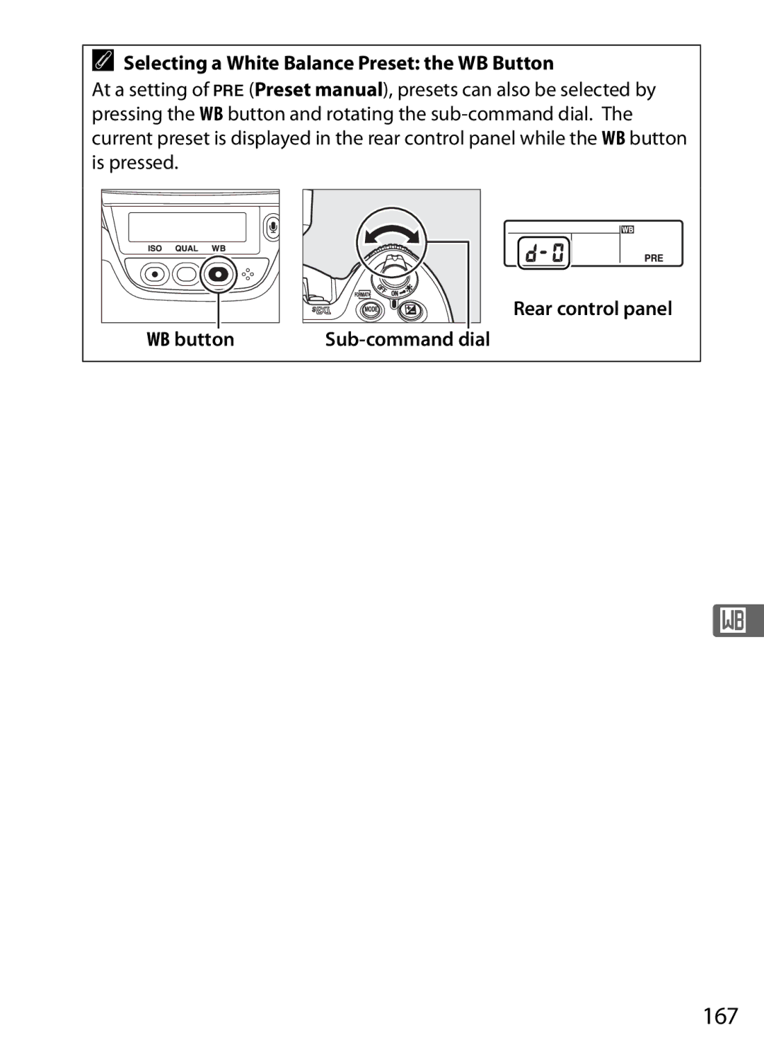 Nikon 6MB07411-03 user manual 167, Selecting a White Balance Preset the WB Button 