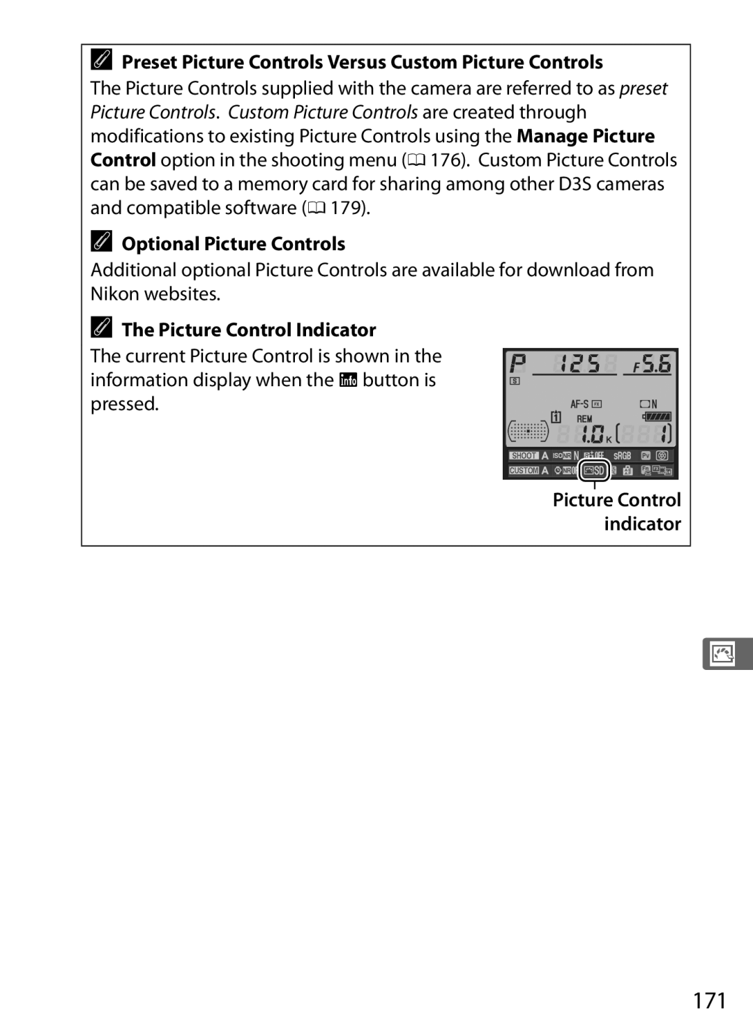 Nikon 6MB07411-03 user manual 171, Preset Picture Controls Versus Custom Picture Controls, Optional Picture Controls 