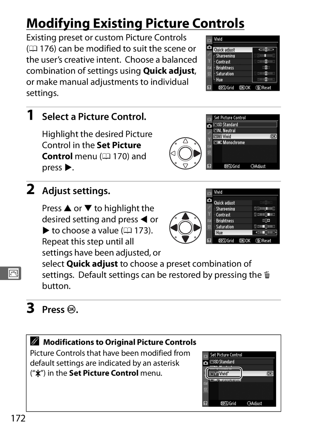 Nikon 6MB07411-03 Modifying Existing Picture Controls, 172, Repeat this step until all settings have been adjusted, or 