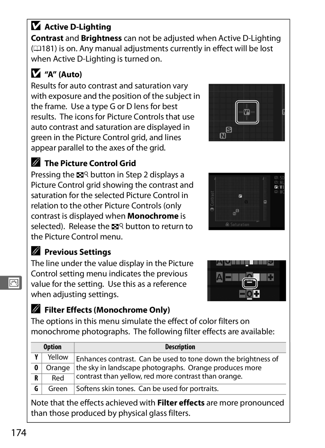 Nikon 6MB07411-03 user manual 174, Auto, Picture Control Grid, Previous Settings, Filter Effects Monochrome Only 