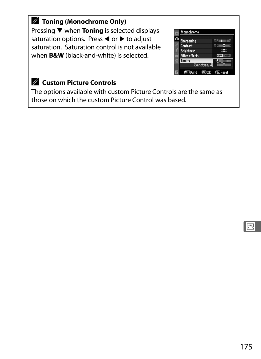 Nikon 6MB07411-03 user manual 175, Toning Monochrome Only, Custom Picture Controls 