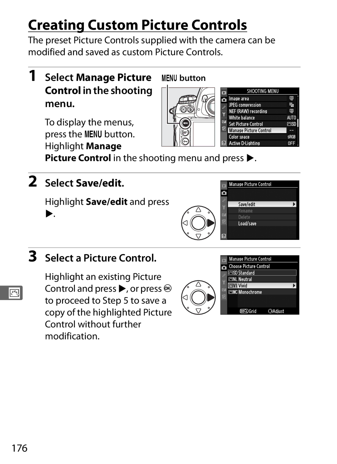 Nikon 6MB07411-03 Creating Custom Picture Controls, Select Manage Picture Gbutton Control in the shooting menu, 176 