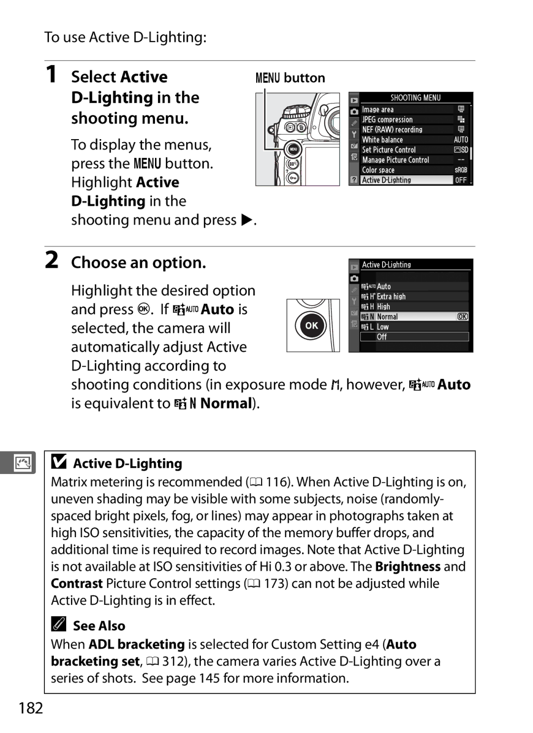 Nikon 6MB07411-03 user manual Select Active, Lighting Shooting menu, 182 