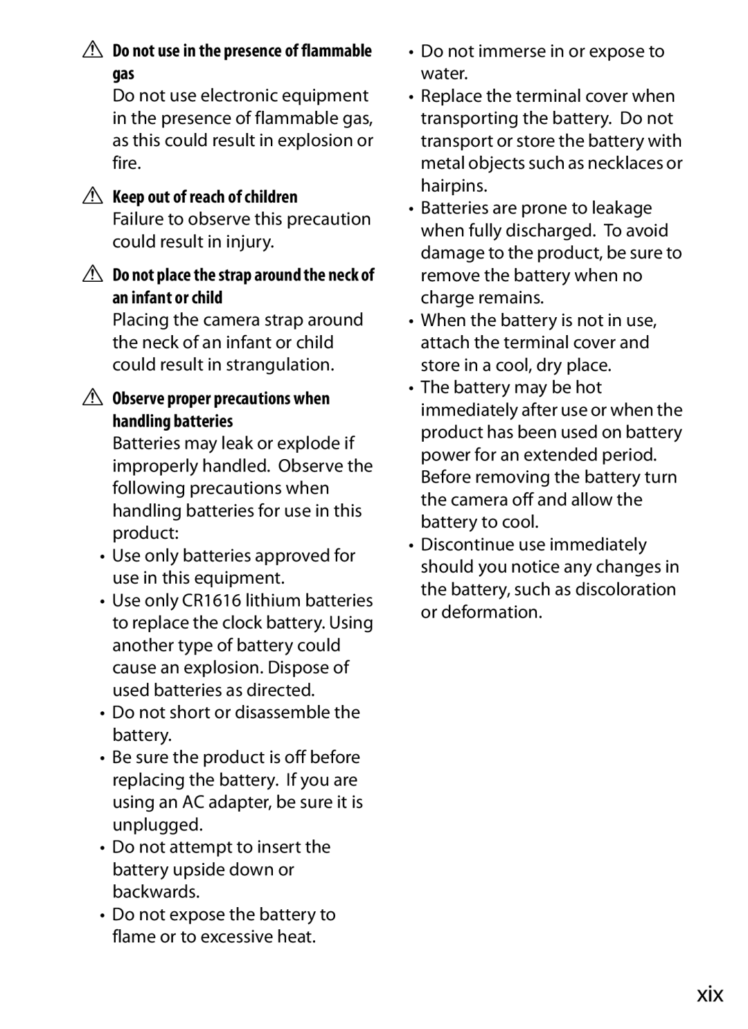 Nikon 6MB07411-03 user manual Xix, Do not use in the presence of flammable gas, Keep out of reach of children 