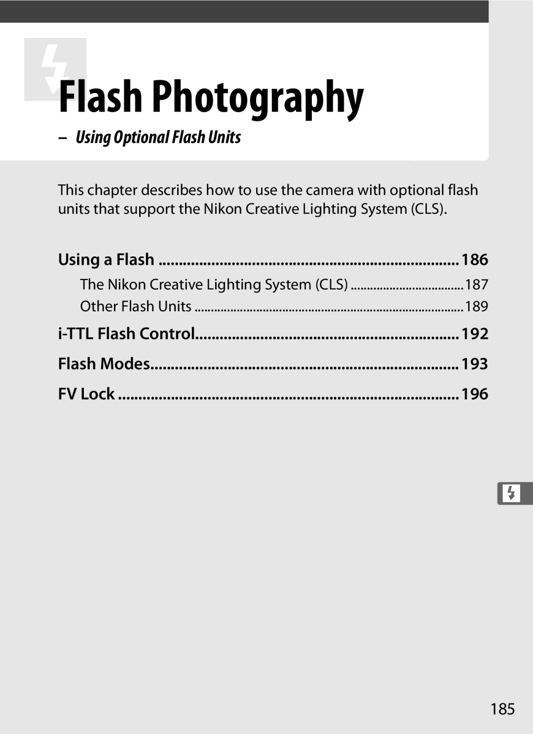 Nikon 6MB07411-03 user manual Using Optional Flash Units, 186, 192, 193, 196 