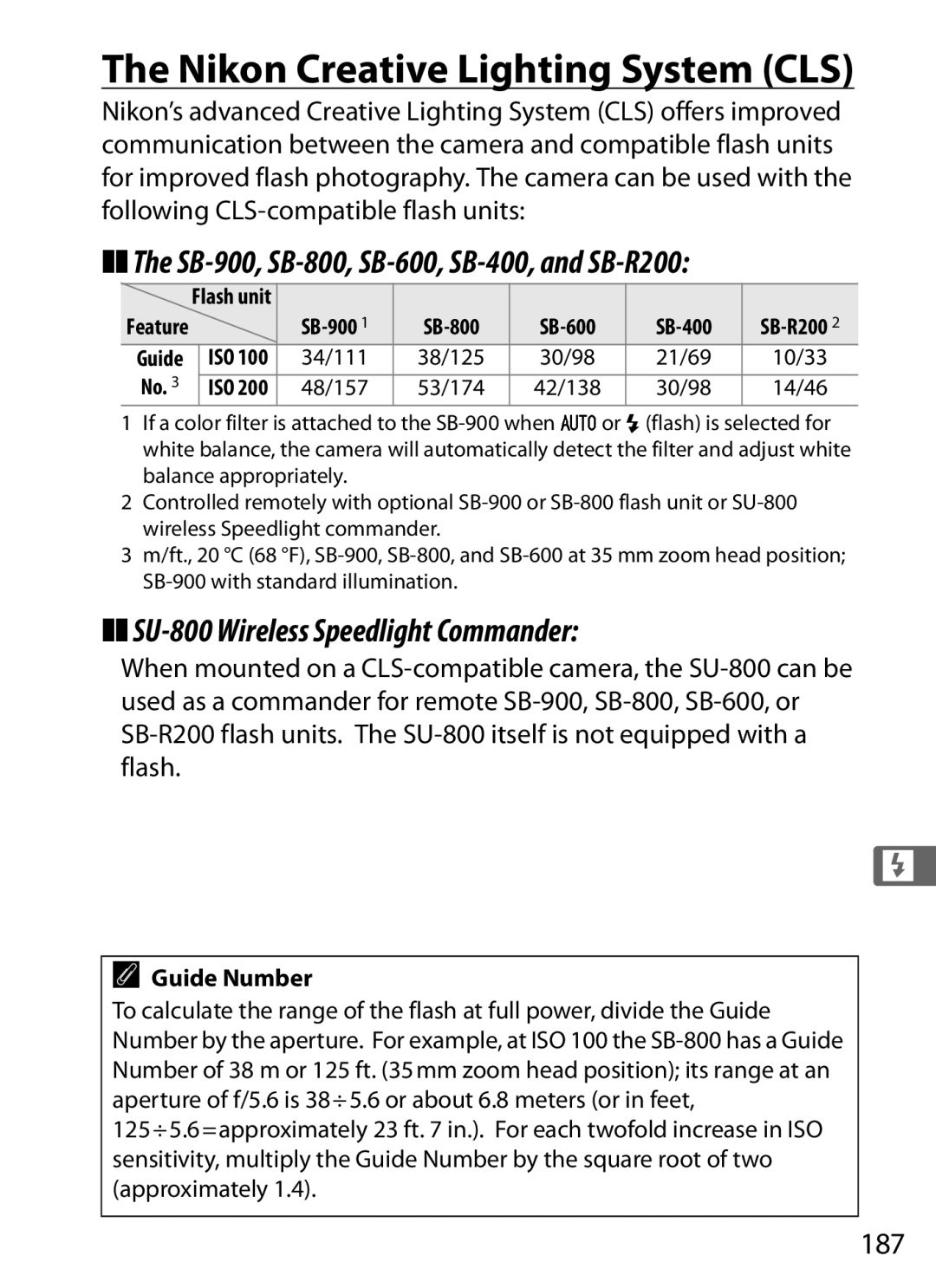 Nikon 6MB07411-03 user manual Nikon Creative Lighting System CLS, SU-800 Wireless Speedlight Commander, 187, Guide Number 