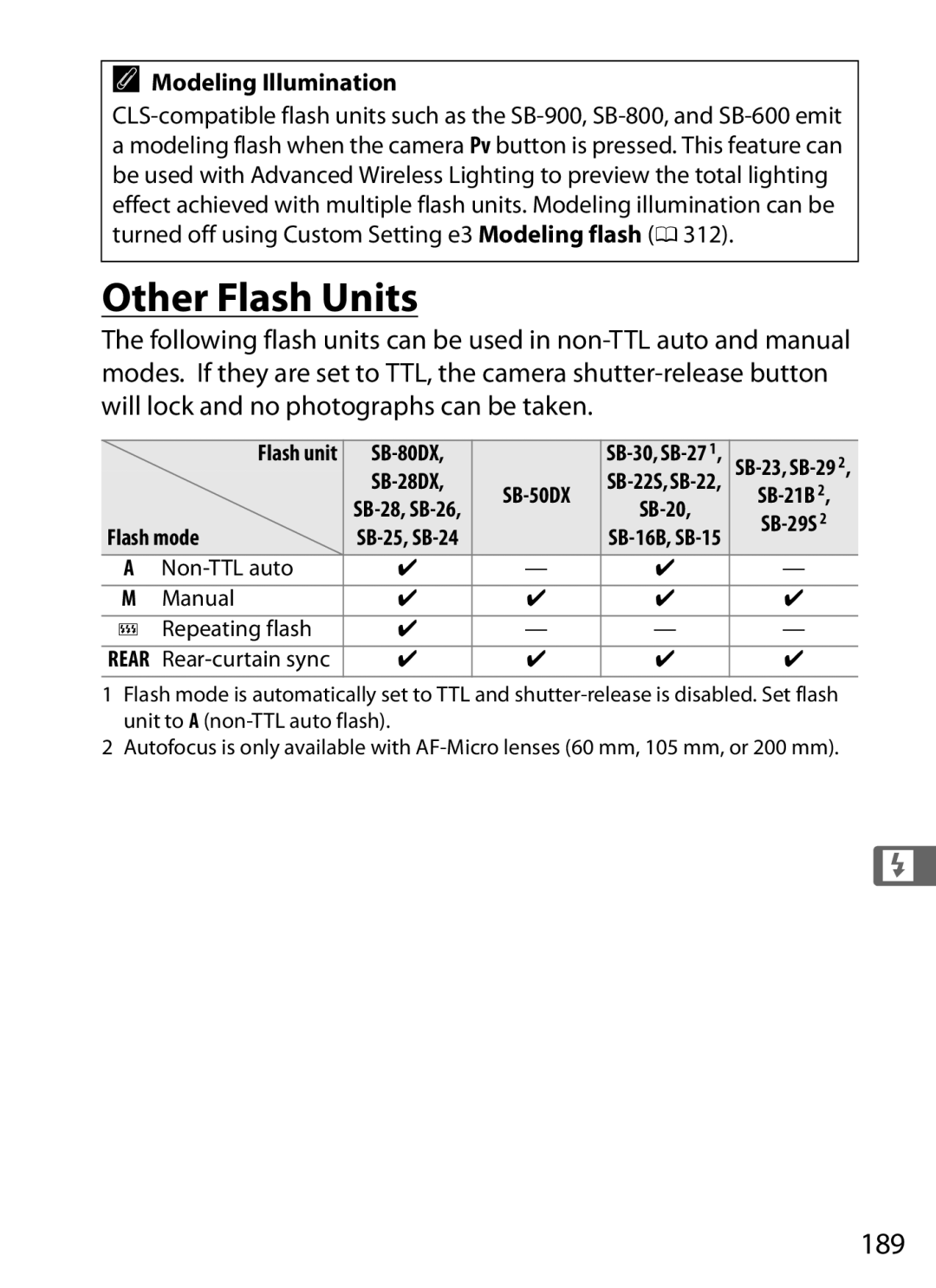 Nikon 6MB07411-03 user manual Other Flash Units, 189, Modeling Illumination 