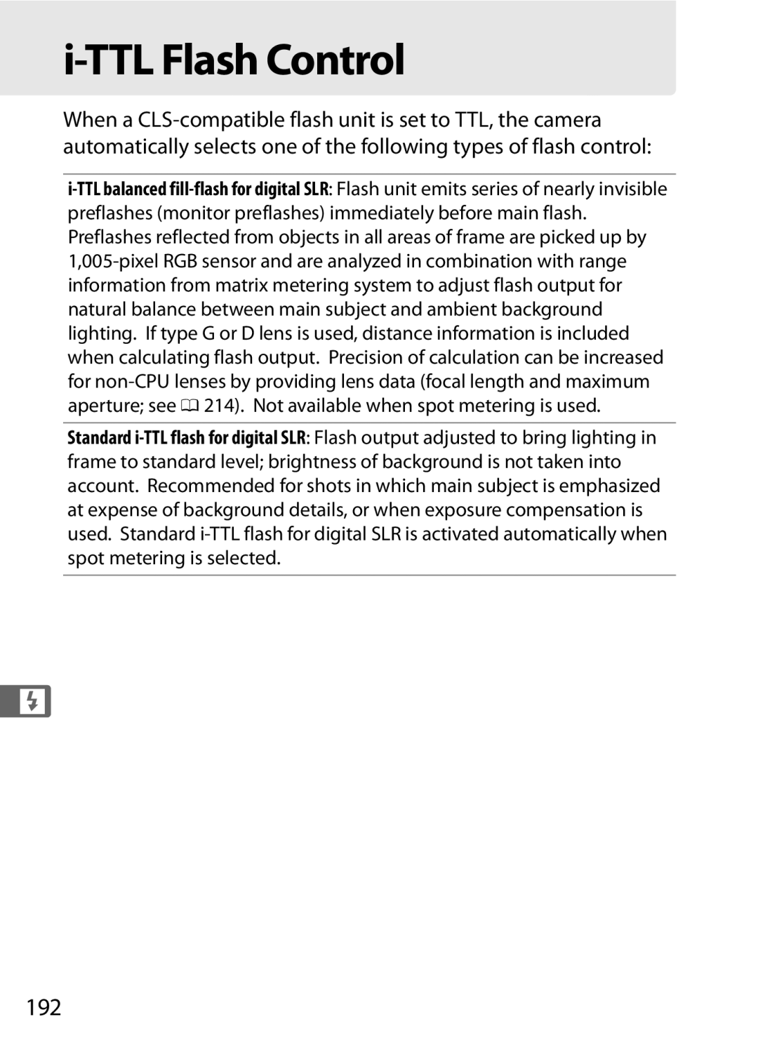 Nikon 6MB07411-03 user manual TTL Flash Control, 192 